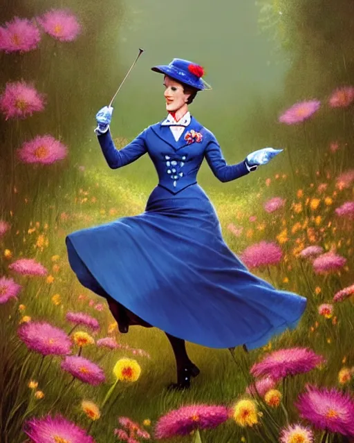 Image similar to Julie Andrews Mary Poppins from Disney 1964 dancing in a field full of flowers, D&D, fantasy, intricate, elegant, highly detailed, digital painting, artstation, concept art, matte, sharp focus, illustration, hearthstone, art by Artgerm and Greg Rutkowski and Alphonse Mucha