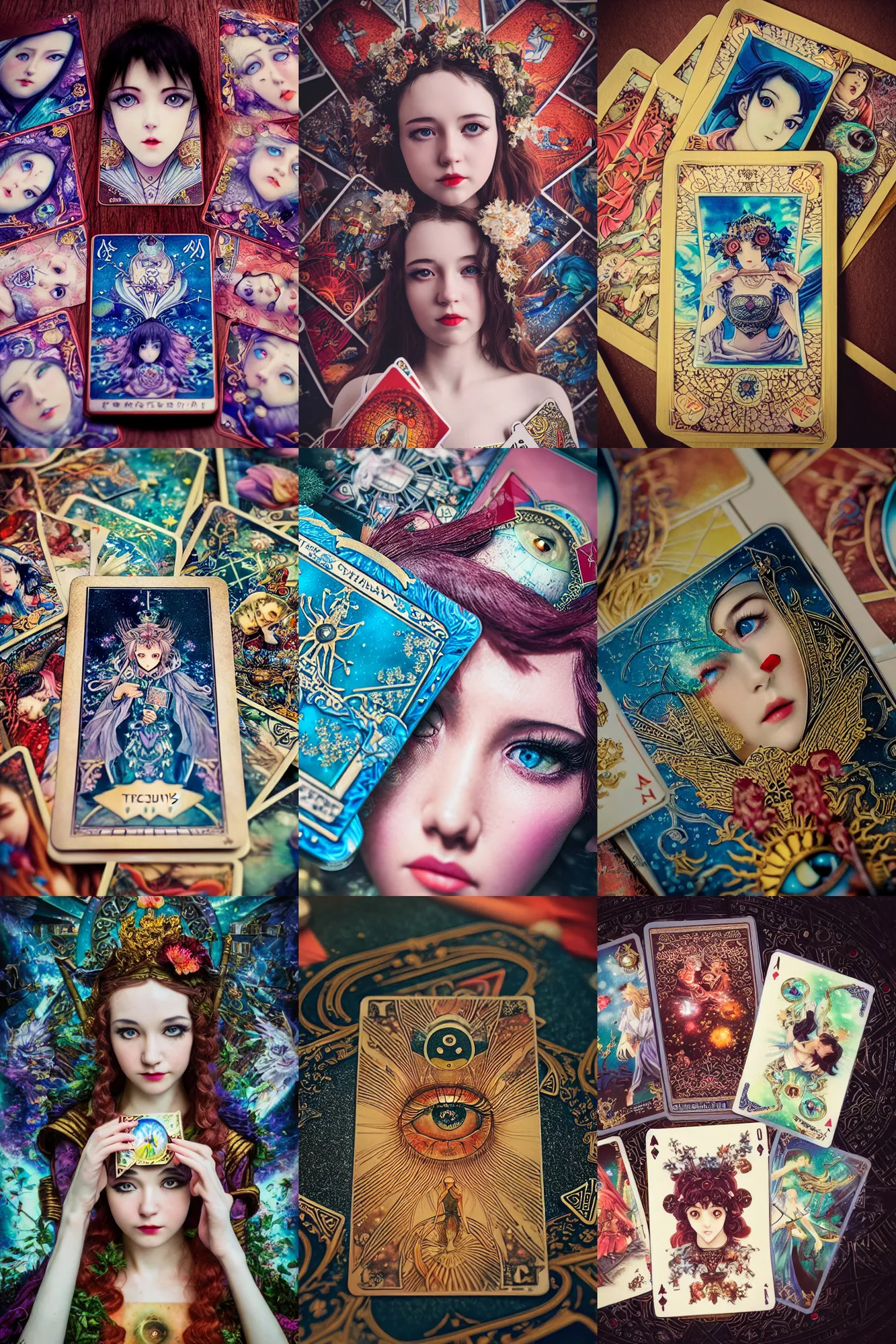 Prompt: Cinestill 50d, 8K, highly detailed, major arcana art deco dream Agnieszka Lorek designed seinen manga tarot sun card style 3/4 extreme closeup still life, eye contact, focus on card, tilt shift background: famous major arcana tarot card remake, transformation scene