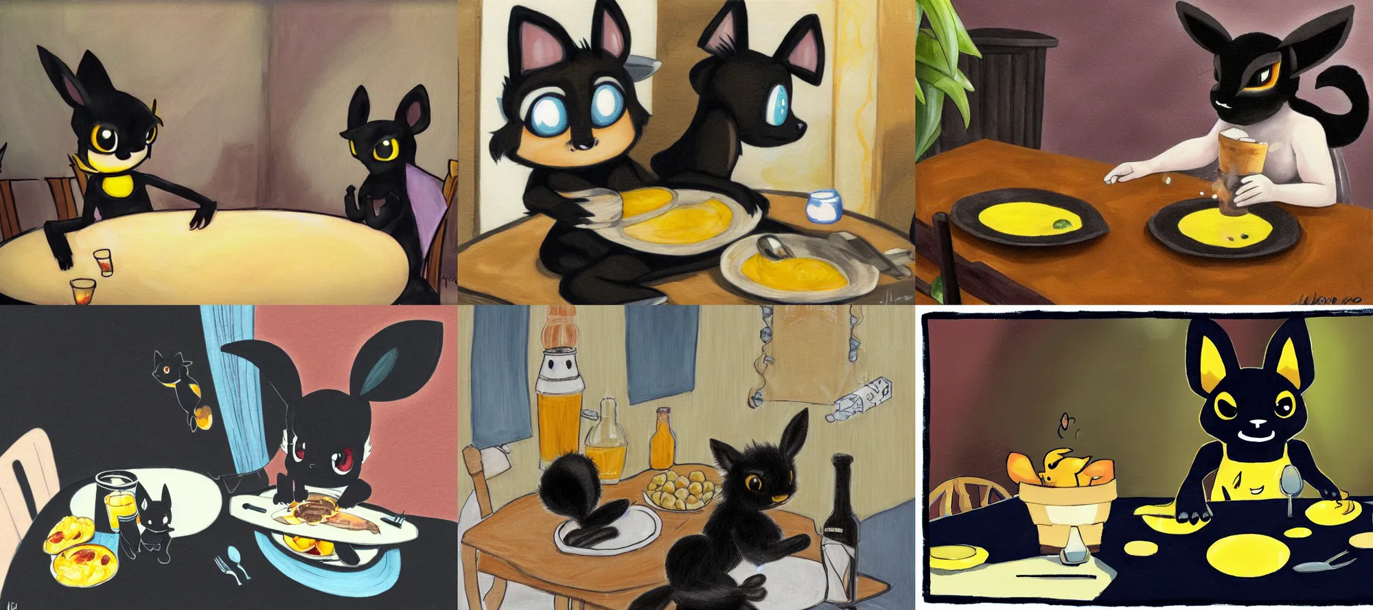Prompt: umbreon in tanktop eating dinner at a table in the backrooms happiness is temporary by julia mato