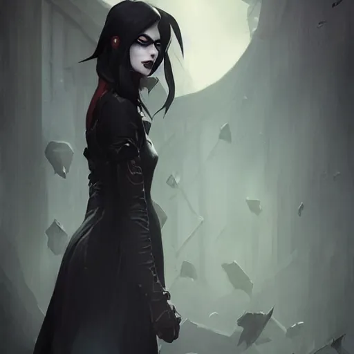 Image similar to female goth human vampire witch in the style of greg rutkowski, makoto shinkai, trending on artstation, character design, concept art, pretty face, highly detailed, portrait digital art