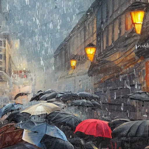 Prompt: a highly detailed oil painting of it's raining cats and dogs, bystanders watching from the sides, 4 k, by ariduka 5 5, monokubo, artstation,