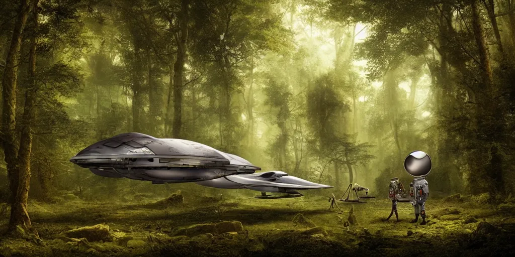 Image similar to an astronaut and a space ship in a forest, a detailed matte painting by frieke janssens, featured on cgsociety, space art, matte painting, matte drawing