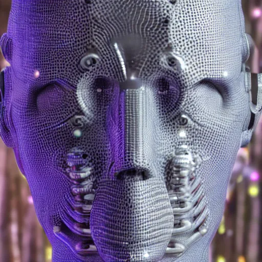 Image similar to very detailed portrait 55mm photo of a mechanical metallic head without skin, optic fiber nerves, gears in his head and cybernetic enhancements with no plating. Packed with cybernetics. Has cameras for eyes. In the forest with bokeh. Ray tracing and tessellation. Very sharp high detailed 8k image