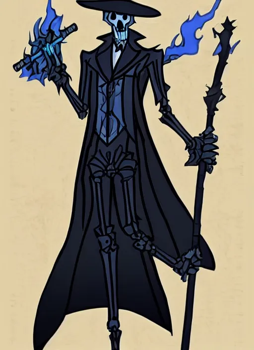 Image similar to DND character concept, Tall skeletal figure, wearing a deep black suit!!! and tie and top hat, holding a golden cane. Surrounded by light blue!!! flames!!