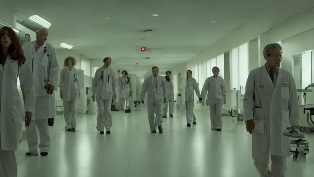 Image similar to monsters invade the hospital, film still from the movie directed by denis villeneuve and david cronenberg with art direction by salvador dali, wide lens