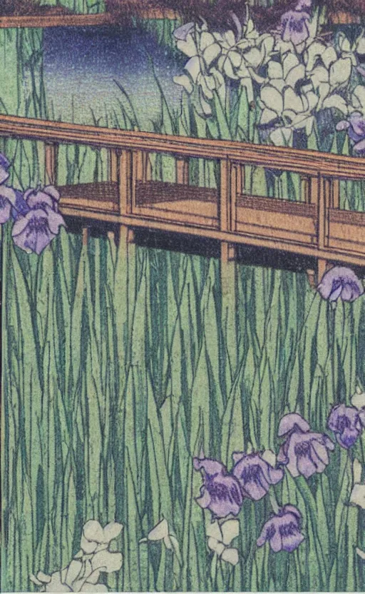 Prompt: by akio watanabe, manga art, wooden lake bridge and iris flowers, trading card front