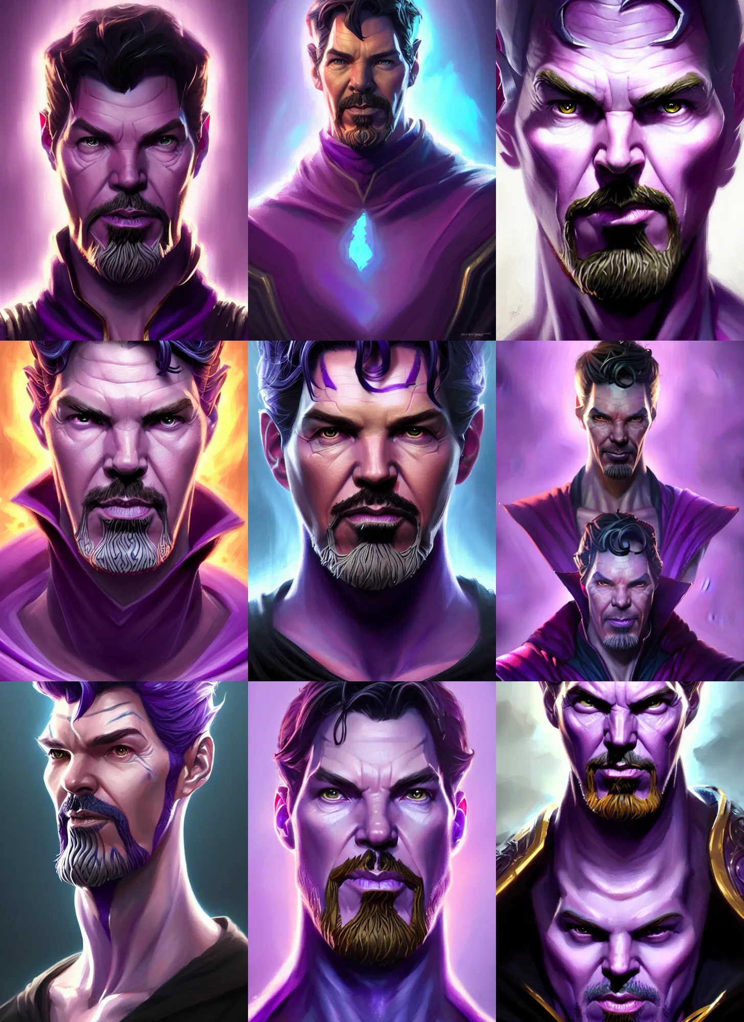 Prompt: a fantasy style portrait painting a character if stephen strange and thanos had a son, purple skin, powerful chin, thanos style traits, painting, unreal 5, daz., rpg, portrait, extremely detailed, artgerm greg rutkowski _ greg