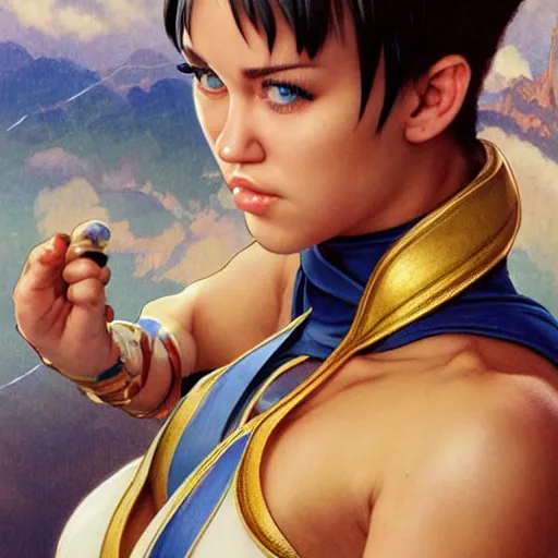 Image similar to miley cyrus as chun li from street fighter, kicking, 4 k, ultra realistic, detailed focused art by artgerm and greg rutkowski and alphonse mucha