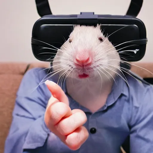 Prompt: cute rat with a virtual reality headset, photograph