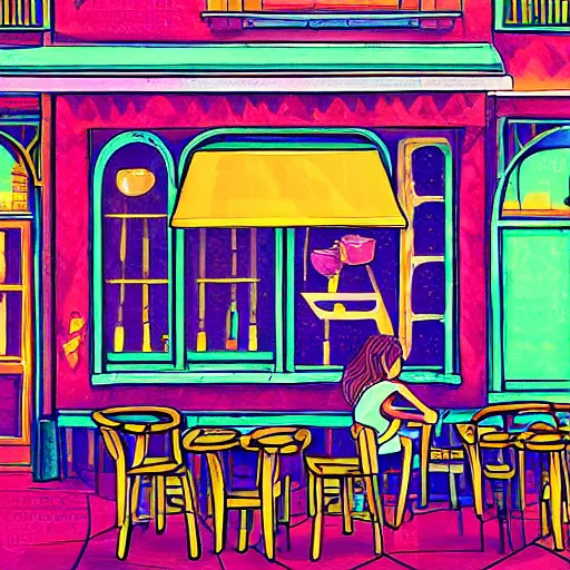Prompt: a girl sitting in a cafe, digital art, bright colour, highly detailed, art by fkey