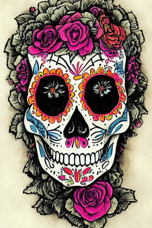 Prompt: Illustration of a sugar skull day of the dead girl, art by richard doyle