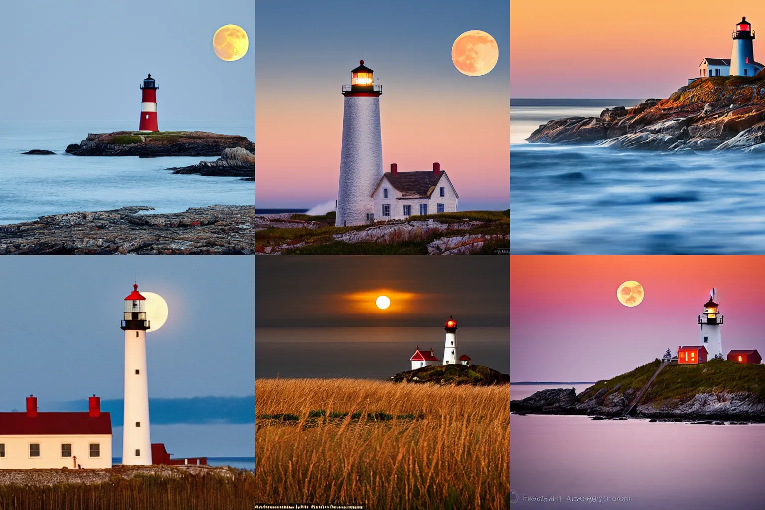 Prompt: A photo of a lighthouse on the coast of Maine with a rising harvest full moon directly behind the lighthouse, 600mm lens, fine art photography, National Geographic photo, award winning