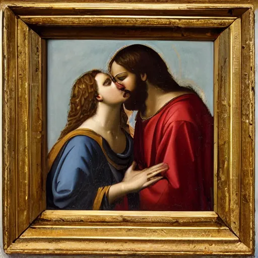 Image similar to an oil panting of a jesus kissing maria maddalena