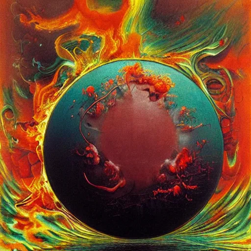 Image similar to a sphere being devoured by abstract splatters of paint in the style of francis bacon, venus being engulfed in flames in the style of james jean, surreal, beksinski, high detailed