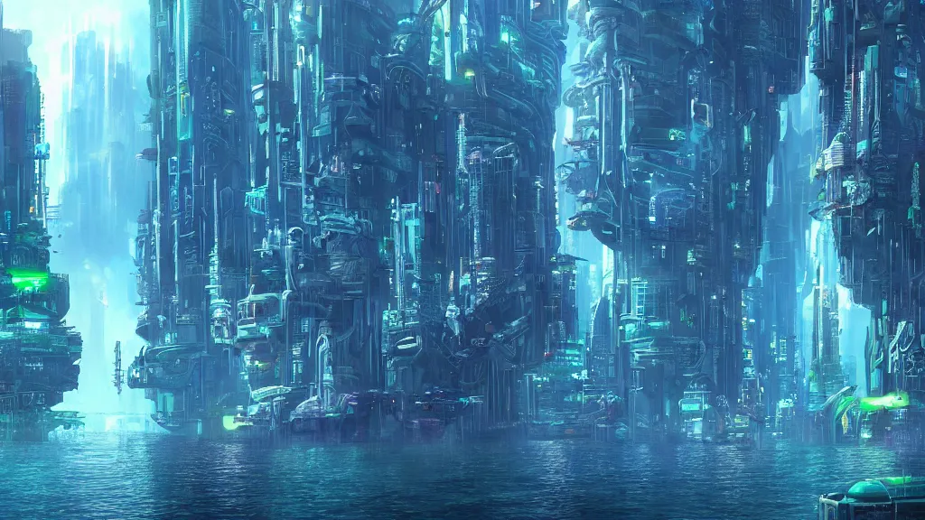 Image similar to Cyberpunk Atlantis. Beautiful underwater city.