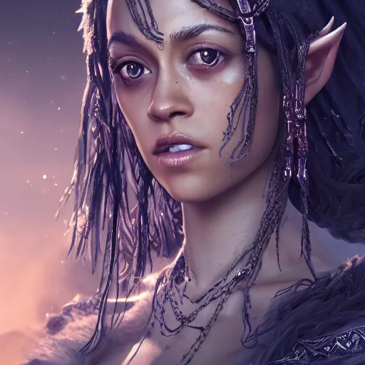 Image similar to Nathalie Emmanuel as an elven priestess, atmospheric lighting, intricate detail, cgsociety, hyperrealistic, octane render, RPG portrait, ambient light, dynamic lighting, hyper detailed, elegant, cinematic, awe inspiring, beautiful, unreal engine, 8k ultra hd, artstationHD, hyper detailed, elegant, cinematic, awe inspiring