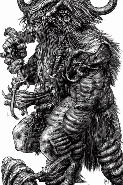 Image similar to hunched troll with a horn on his head, fantasy, highly detailed, digital art, sharp focus, trending on art station, kentaro miura manga art style