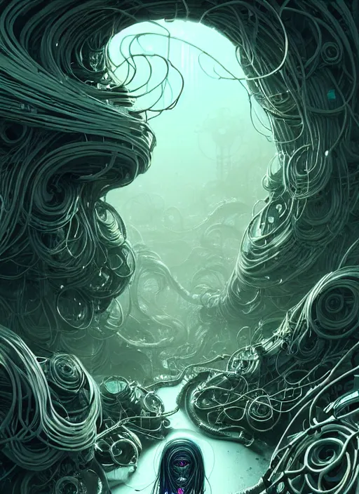 Image similar to highly detailed portrait of a biopunk long curly white hair tribal lady, stray wiring by atey ghailan, james gilleard, by joe fenton, by greg rutkowski, by greg tocchini, by kaethe butcher, 4 k resolution, gradient green, black and white color scheme!!! ( ( irradiated robotic spiral rocky landscape background ) )