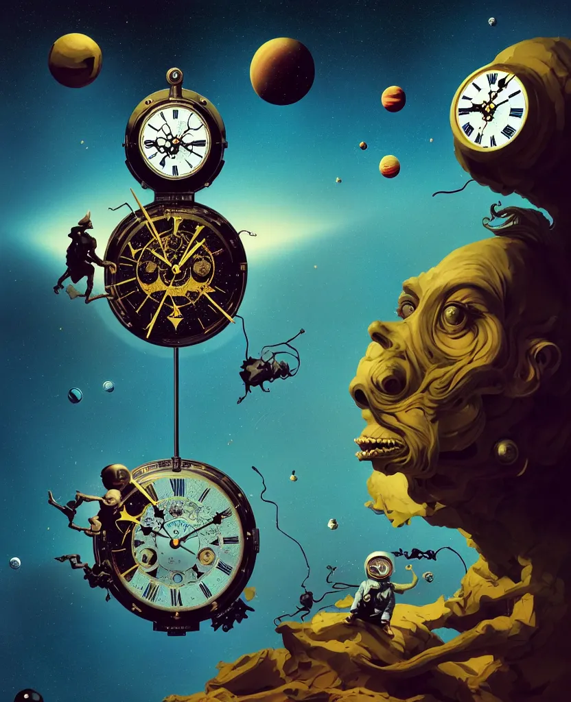 Prompt: duotone surreal illustration 3 / 4 portrait of chimeric monster measuring time on salvadore dali clock in outer space, dark starry background. golden ratio accidental renaissance. by sachin teng and sergey kolesov and ruan jia and heng z. graffiti art, scifi, fantasy, hyper detailed. octane render. concept art. trending on artstation