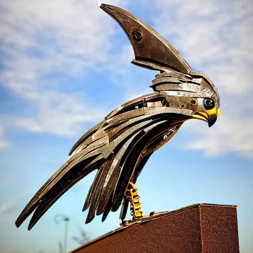 Image similar to A hawk model built from scrap metal, standing on asphalt, detailed close up photograph