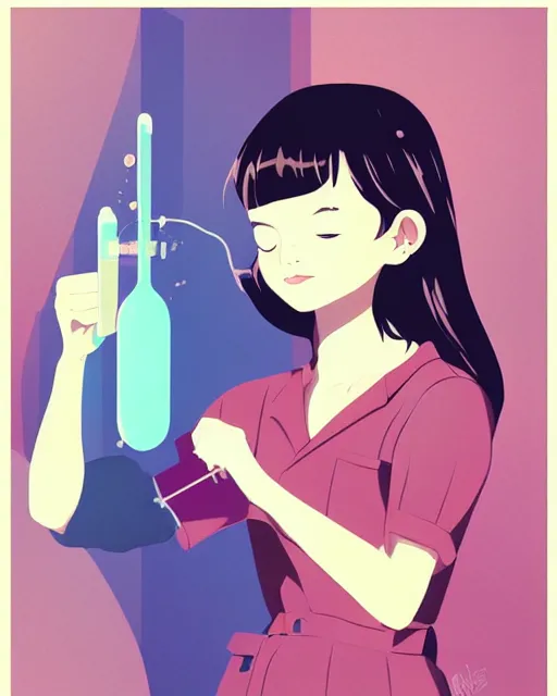 Prompt: a little girl in science lab experiment test tube microscope. clean cel shaded vector art. minimalist illustration art by lois van baarle, artgerm, helen huang by makoto shinkai and ilya kuvshinov, rossdraws