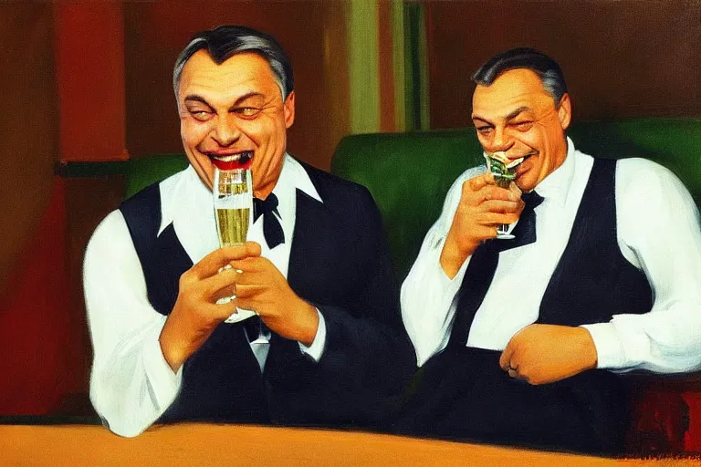 Image similar to viktor orban drinking champagne, smoking cigar, laughing hard, highly detailed face by edward hopper