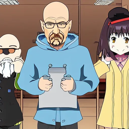 Image similar to Walter White wasting all his money simping for an Anime Vtuber, dire, eerie, surrealist