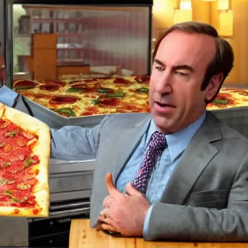 Image similar to Saul Goodman eating a gigantic pizza covering an entire room