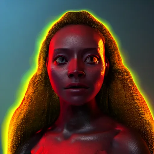 Image similar to Portrait of Pele, the fire goddess, rendered in unreal engine, rendered in octane render, rendered in blender, unreal engine, octane, blender, dark studio lighting, bright, glowing aura, vividly beautiful colors, bioluminescence, bioluminescent lighting, volumetric lighting