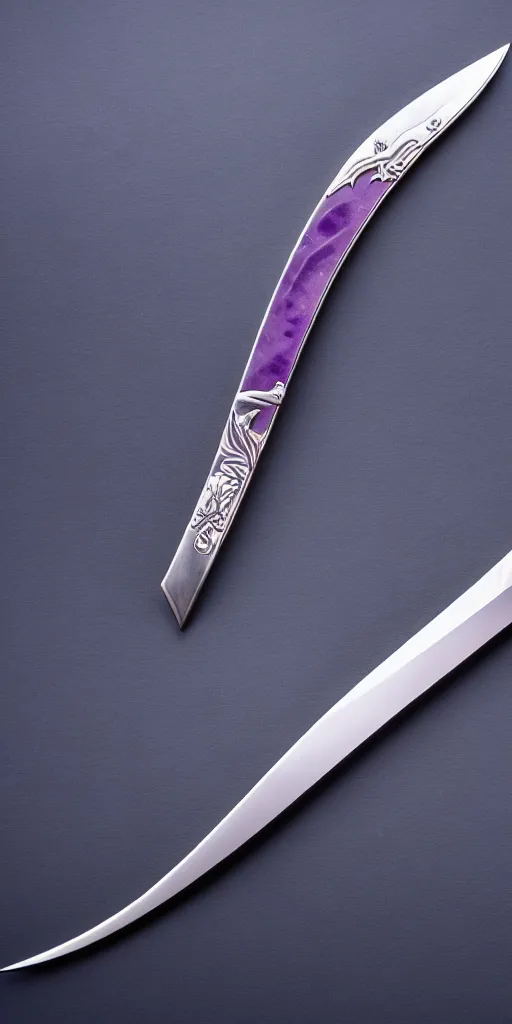 Image similar to a katana in the style of zdzisław beksinski, elegant, silver and amethyst, crescent moon motif, weapon, product photo