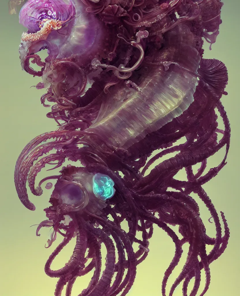 Image similar to goddess close-up portrait ram skull. jellyfish phoenix head, nautilus, orchid, skull, betta fish, bioluminiscent creatures, intricate artwork by Tooth Wu and wlop and beeple. octane render, trending on artstation, greg rutkowski very coherent symmetrical artwork. cinematic, hyper realism, high detail, octane render, 8k