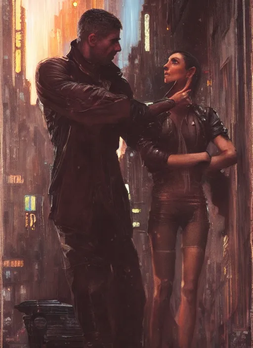 Image similar to blade runner confronts replicant android ( blade runner 2 0 4 9, cyberpunk 2 0 7 7 character design ). orientalist portrait by john william waterhouse and james gurney and theodore ralli and nasreddine dinet, oil on canvas. cinematic, hyper realism, realistic proportions, dramatic lighting, high detail 4 k