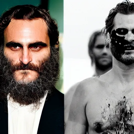 Prompt: joaquin phoenix with a crazed look and blood dripping from his face