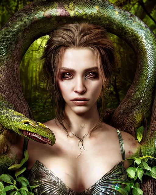 Image similar to portrait high definition photograph female fantasy character art, hyper realistic, pretty face, hyperrealism, iridescence water elemental, snake skin armor forest dryad, woody foliage, 8 k dop dof hdr fantasy character art, by aleski briclot and alexander'hollllow'fedosav and laura zalenga