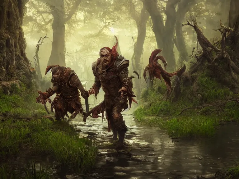 Image similar to Scaredy Cat Dwarf Ranger trips while running through Haunted Swamp, RPG Scene, Oil Painting, Trending on Artstation, octane render, Insanely Detailed, 8k, HD