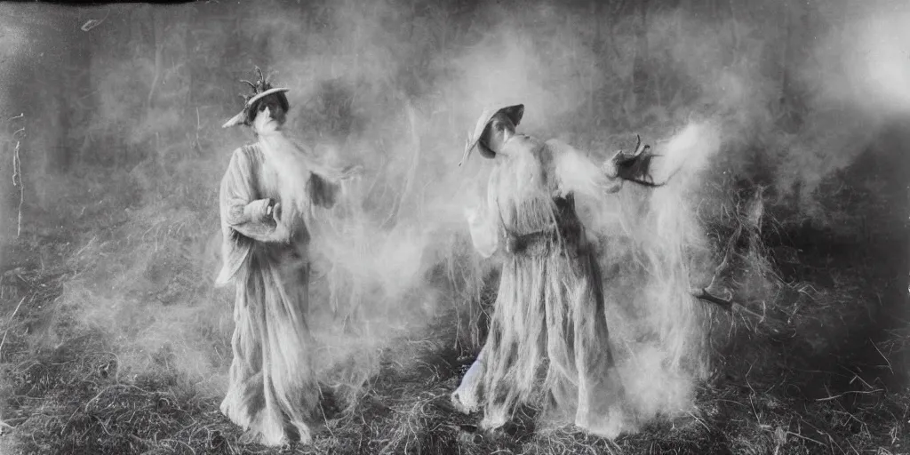 Prompt: 1 9 2 0 s spirit portrait photography of an old female farmer turning into a krampus ghost with hay cloth and antlers in the dolomites, smoke from mouth, casting a root spell, inviting hand, witchy, wicca, by william hope, dark, eerie, grainy