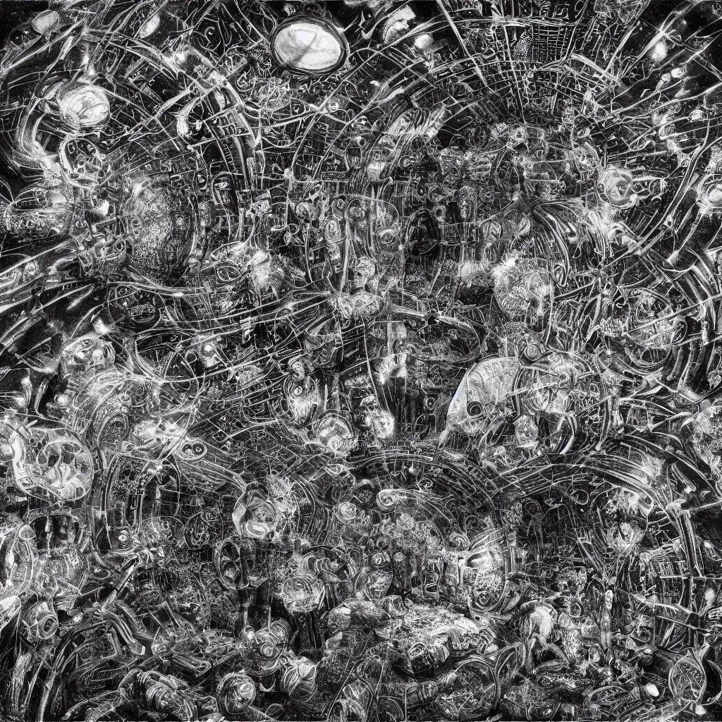 Prompt: a black and white drawing of a chrome space station filled with equipment, a microscopic photo by ernst haeckel, zbrush central, kinetic pointillism, bioluminescence, intricate patterns, photoillustration