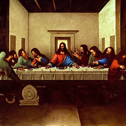 Image similar to the vampires from the show What we do in the shadows in the painting of the last supper by Leonard Da Vinci , photograph, ultrarealistic