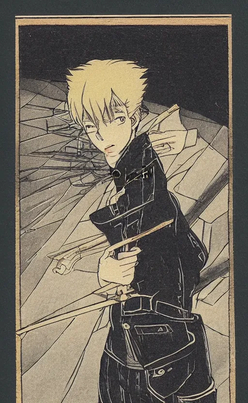 Prompt: by akio watanabe, manga art, alone male calligrapher inside castle armory, trading card front, realistic anatomy