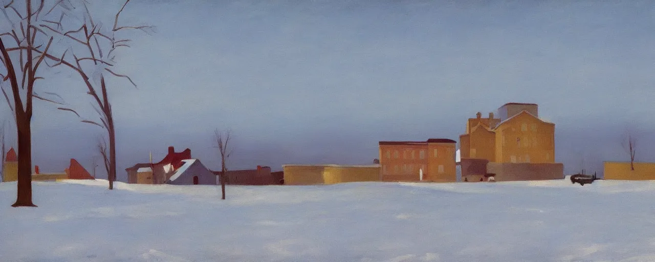 Prompt: an edward hopper style painting of ( ( ( ( ( ( ( ( balatonfured, a resort town in veszprem county, in hungary ) ) ) ) ) ) ) ), winter, january of 1 9 4 8