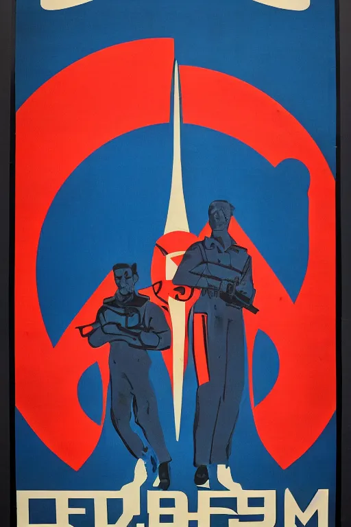 Prompt: ussr propaganda poster of 1 9 5 0 s nuclear war, futuristic design, dark, symmetrical, washed out color, centered, art deco, 1 9 5 0's futuristic, glowing highlights, intense