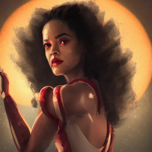 Image similar to tessa thompson portrait, arcane netflix, arcane vi, arcane jinx, concept portrait, riot, acrace catoon, detailed expression, high quality, cinematic lighting, fantasy, reflective, spotlight, digital artwork