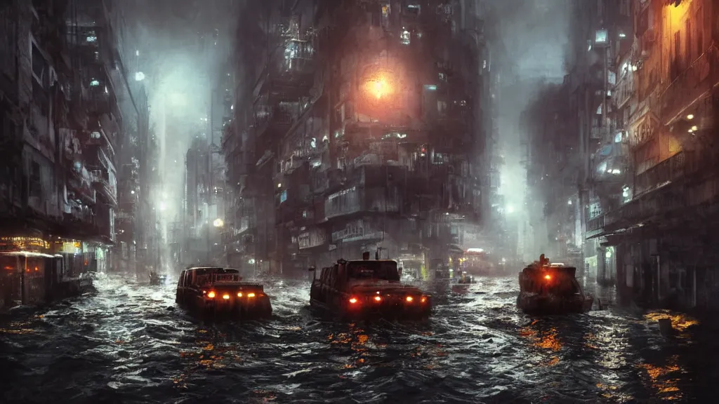 Image similar to dramatic Photorealistic, Matte Painting of a freight ship being towed by a tug boat with bright head lights down a busy post apocalyptic deep flooded Hong Kong city street at night,dark Tall buildings by Greg Rutkowski,Craig Mullins,Hyperrealism,Beautiful dramatic moody lighting,Cinematic Atmosphere,Octane Rendering,8K