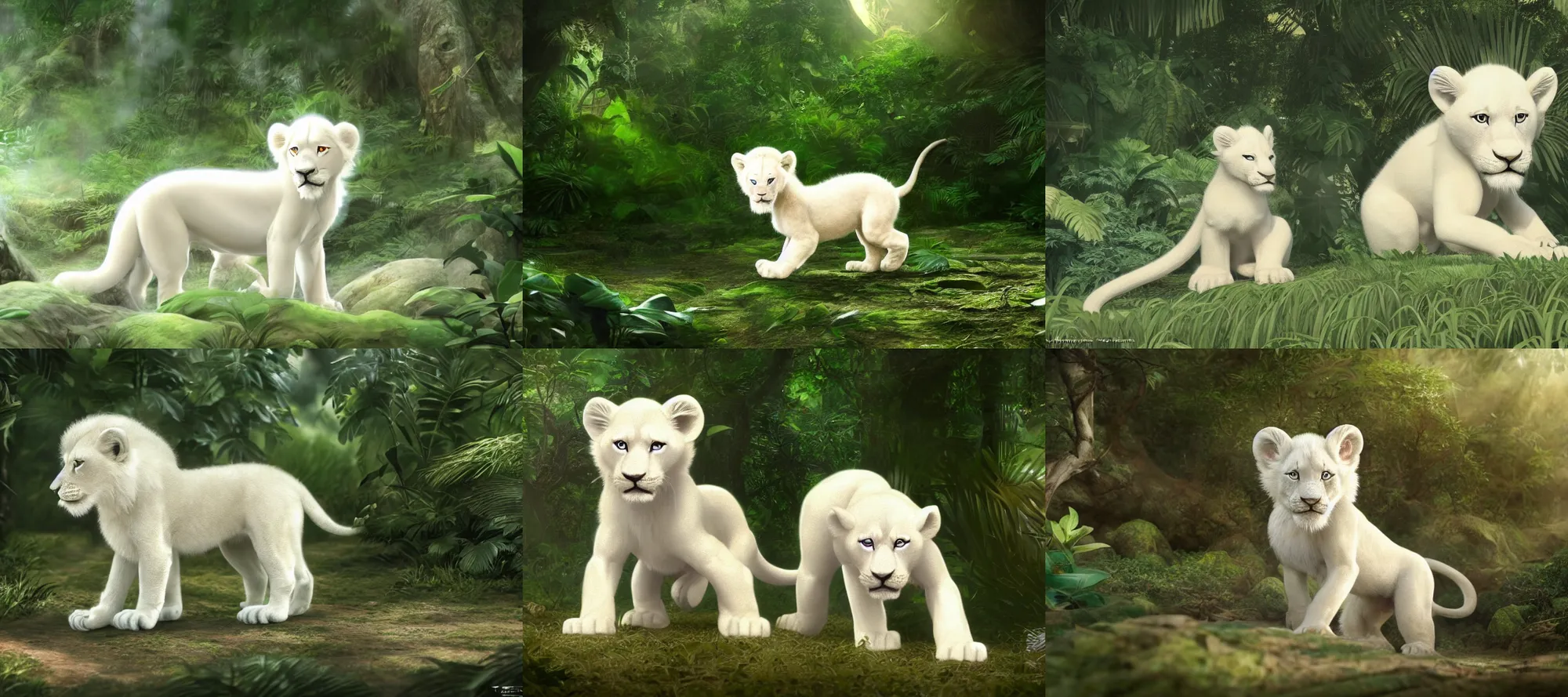 Prompt: a small white lion cub playing in the jungle, art by Ozamu Tezuka, Leiji Matsumoto, Tezuka Osamu, Go Nagai, photorealistic 8k, cinematic lighting, HD, high detail, atmospheric, trending on artstation