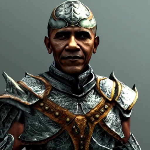 Prompt: barack obama wearing daedric armor in skyrim