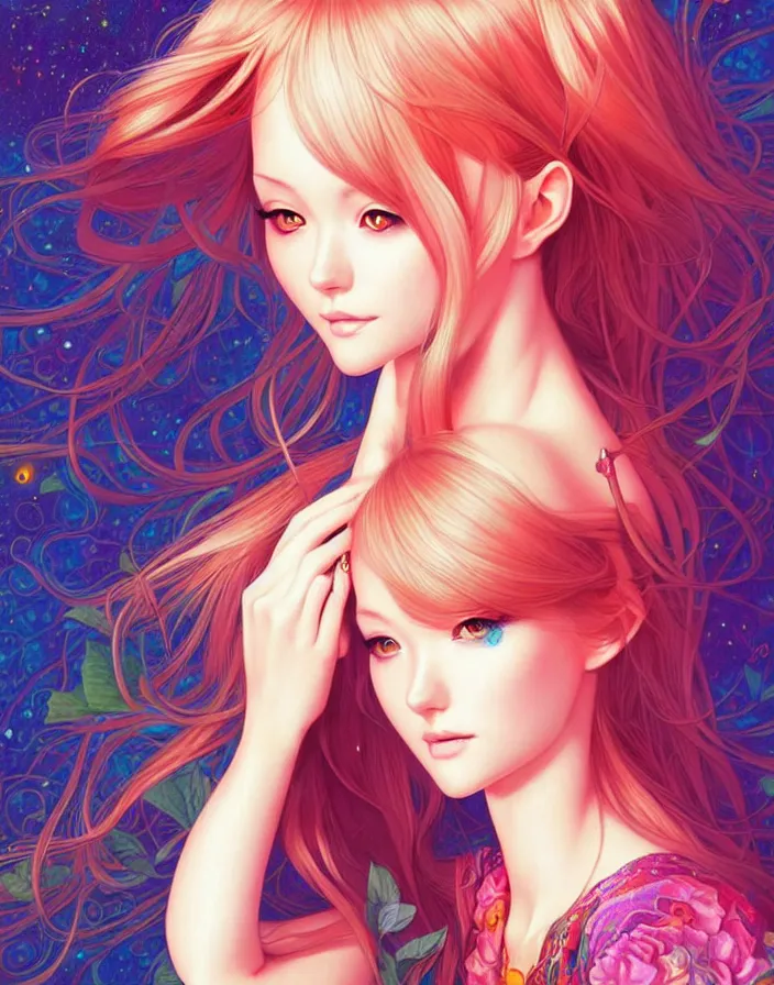 Image similar to richly detailed color  illustration of a pretty young woman, 'Magical Mystery Tour' is the theme, very soft shadowing, large scale image. art by Artgerm and Range Murata.