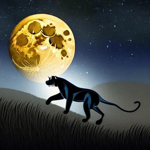 Image similar to a panther roaring at the moon in a forest during the night, large moon in the center. high quality. artistic. illustration. 4 k. cinematic. photoreal. highly detailed. dramatic. dark colors. night.