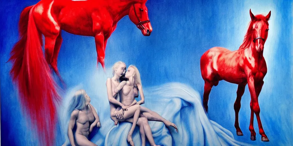 Image similar to only with blue, ney motogrosso in love with a red stallion, too many hands in all directions, in hoc signo vinces, waterfall, in the style of leonora carrington, gottfried helnwein, intricate composition, blue light by caravaggio, insanely quality, highly detailed, masterpiece, red light, artstation