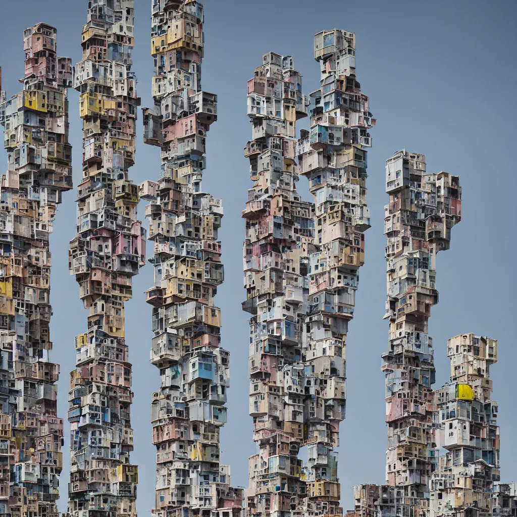Image similar to close - up towers made up of colourful squatter housing, bleached colours, plain uniform off white sky, dystopia, mamiya, very detailed, ultra sharp, photographed by john chiara