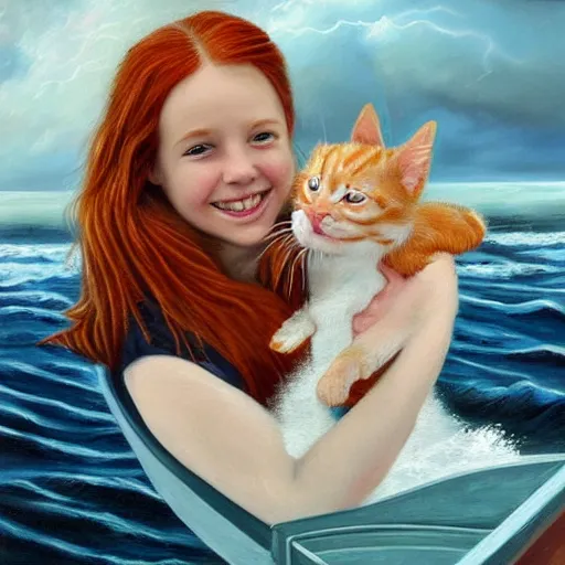 Image similar to oil painting of a young freckled redhead girl smiling and holding a kitten in a boat, in rough seas with large waves, dark clouds and lightning, depicted for a children\'s book